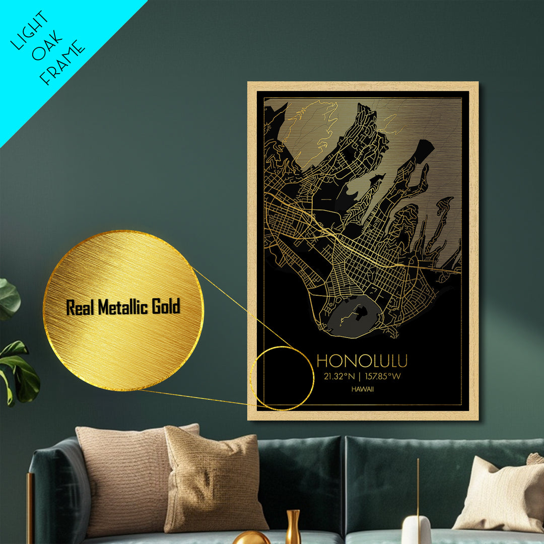 Honolulu Hawaii City Poster, Metallic Gold Art, Metal Art, real wood frames, black and gold, Minimalist Wall Art, Map Print Poster