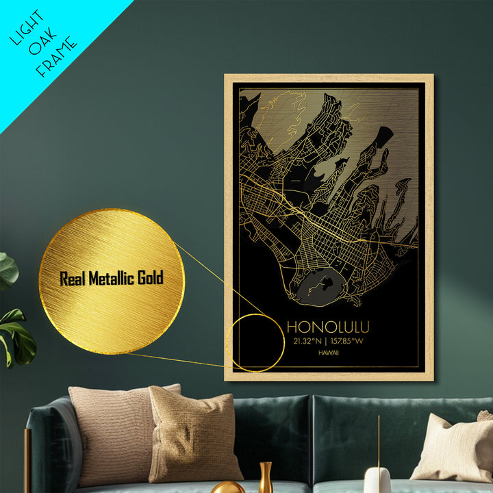 Honolulu Hawaii City Poster, Metallic Gold Art, Metal Art, real wood frames, black and gold, Minimalist Wall Art, Map Print Poster