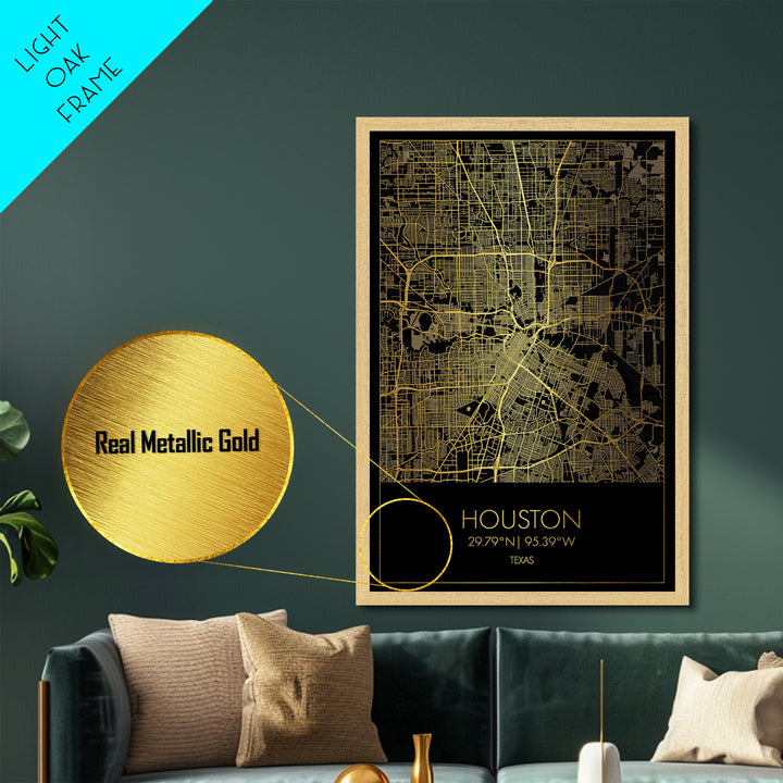 Houston Texas City street map, Metallic Gold Print, Metal Art, wood framed map, black and gold, Street Map Art, Office Decor