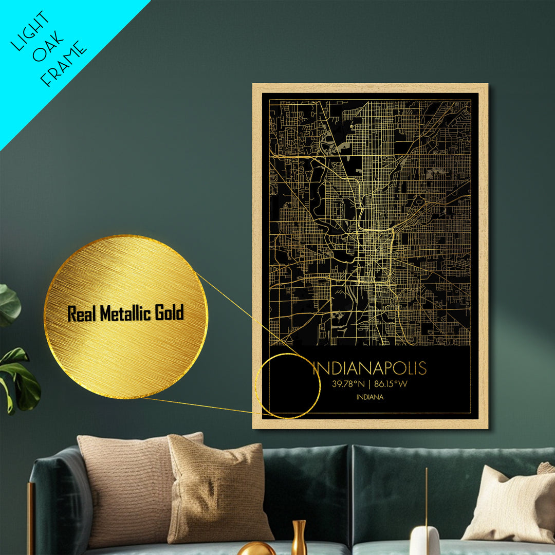Indianapolis Indiana City Poster, Metallic Gold Art, Metal Art, real wood frames, black and gold, Minimalist Wall Art, Map Print Poster
