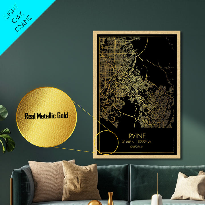 Irvine California City street map, Metallic Gold Print, Metal Art, wood framed map, black and gold, Street Map Art, Office Decor