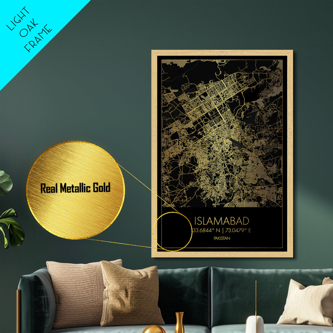 Islamabad Pakistan City street map, Metallic Gold Print, Metal Art, wood framed map, black and gold, Gold Street Map Art, Modern Wall Art