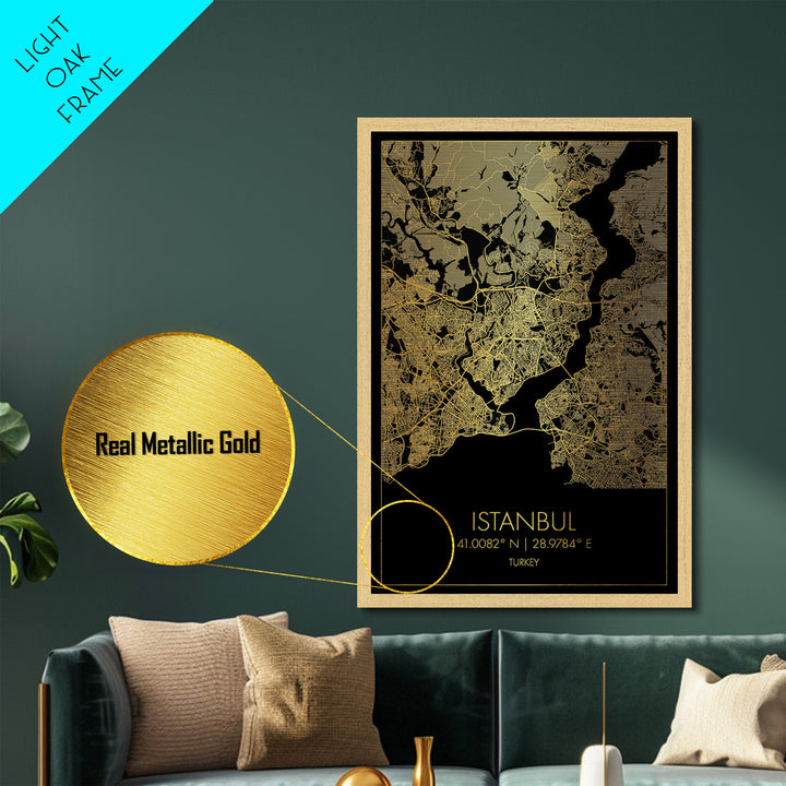 Istanbul Turkey City Poster, Metallic Gold Art, Metal Art, real wood frames, black and gold, Minimalist Wall Art, Map Print Poster