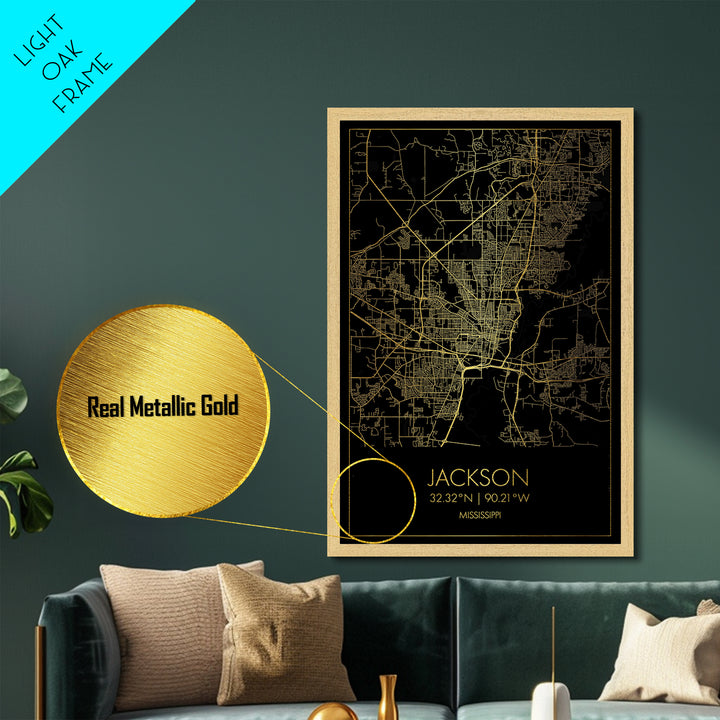 Jackson Mississippi City street map, Metallic Gold Print, Metal Art, wood framed map, black and gold, Street Map Art, Office Decor
