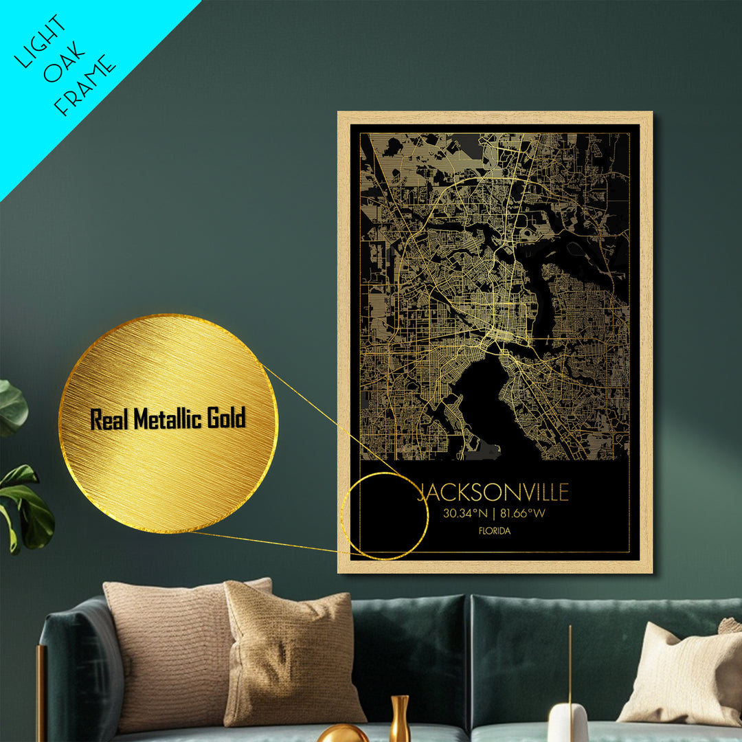Jacksonville Florida City Poster, Metallic Gold Art, Metal Art, real wood frames, black and gold, Map Art, Best Friend Gifts