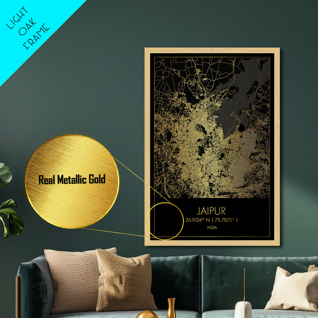 Jaipur India City street map, Metallic Gold Print, Metal Art, wood framed map, black and gold, Gold Street Map Art, Modern Wall Art