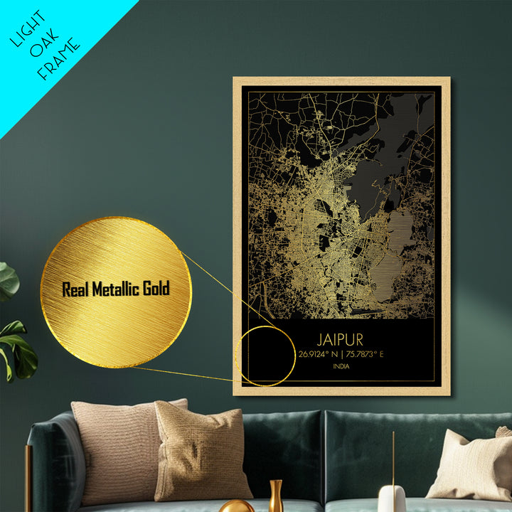 Jaipur India City street map, Metallic Gold Print, Metal Art, wood framed map, black and gold, Gold Street Map Art, Modern Wall Art