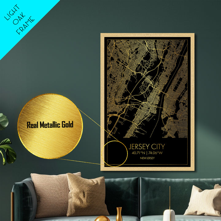 Jersey City New Jersey City Poster, Metallic Gold Art, Metal Art, real wood frames, black and gold, Minimalist Wall Art, Map Print Poster