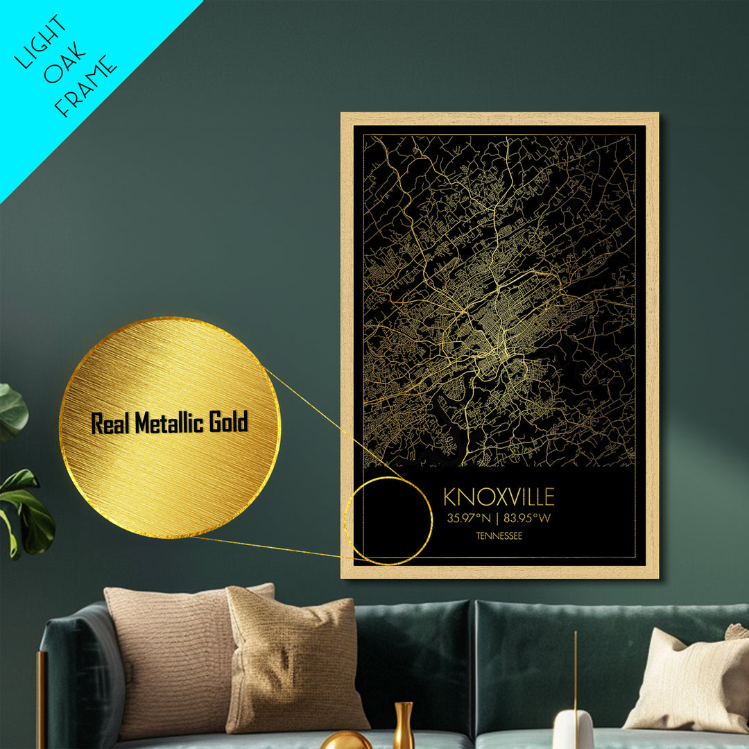 Knoxville Tennessee City Poster, Metallic Gold Art, Metal Art, real wood frames, black and gold, Map Art, Best Friend Gifts