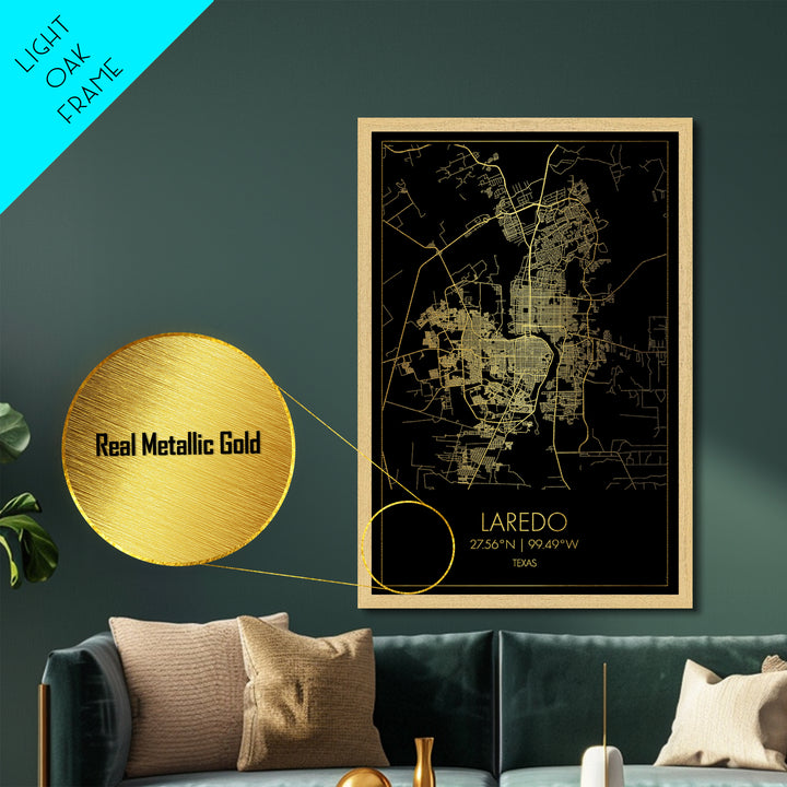 Laredo Texas City Poster, Metallic Gold Art, Metal Art, real wood frames, black and gold, Minimalist Wall Art, Map Print Poster