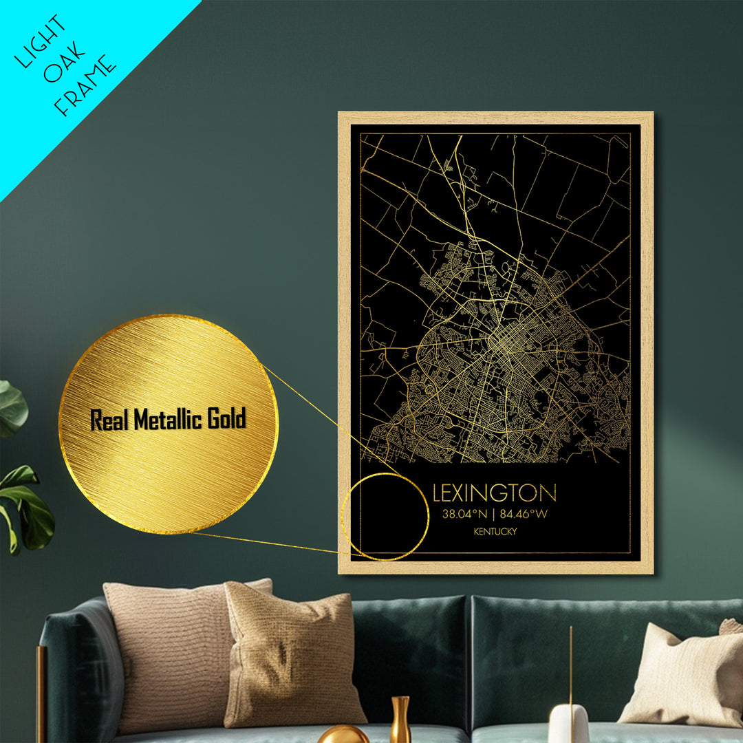 Lexington Kentucky City Poster, Metallic Gold Art, Metal Art, real wood frames, black and gold, Map Art, Best Friend Gifts