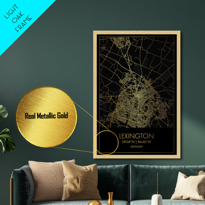 Lexington Kentucky City street map, Metallic Gold Print, Metal Art, wood framed map, black and gold, Gold Street Map Art, Modern Wall Art