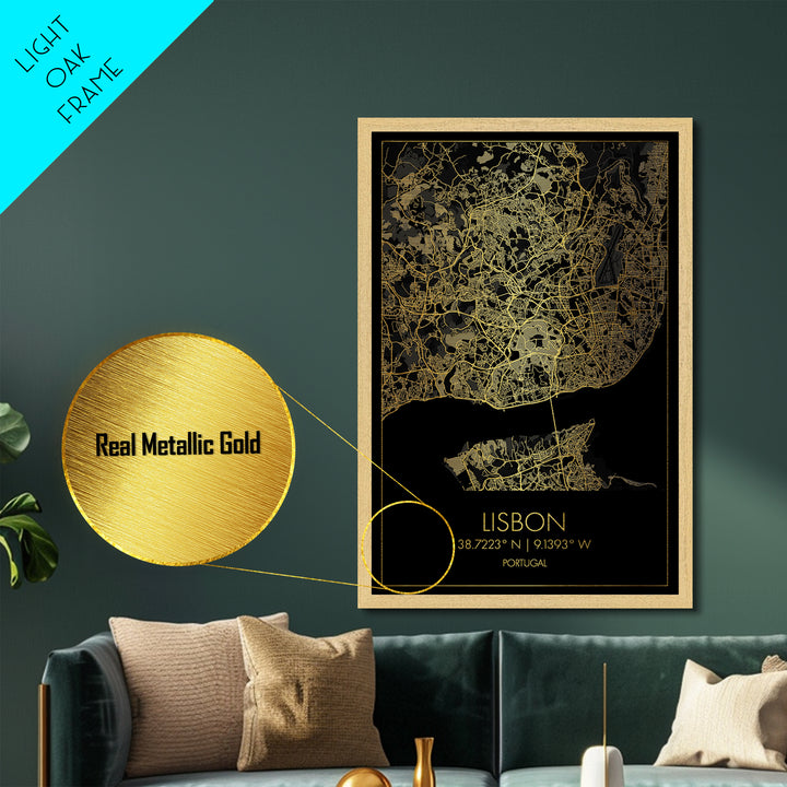 Lisbon Portugal City street map, Metallic Gold Print, Metal Art, wood framed map, black and gold, Street Map Art, Office Decor