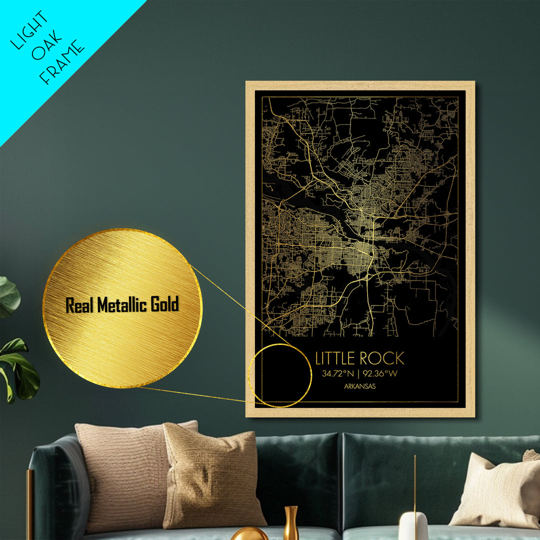 Little Rock Arkansas City Poster, Metallic Gold Art, Metal Art, real wood frames, black and gold, Map Art, Best Friend Gifts
