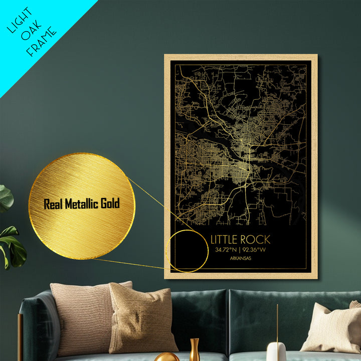 Little Rock Arkansas City Poster, Metallic Gold Art, Metal Art, real wood frames, black and gold, Map Art, Best Friend Gifts