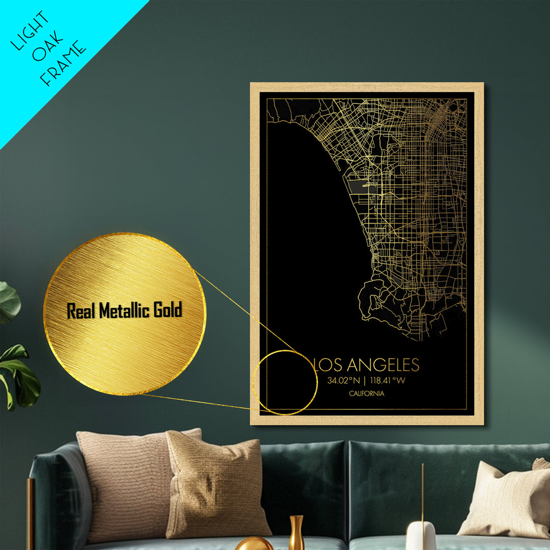 Los Angeles California City street map, Metallic Gold Print, Metal Art, wood framed map, black and gold, Street Map Art, Office Decor