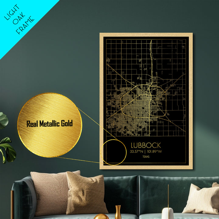 Lubbock Texas City street map, Metallic Gold Print, Metal Art, wood framed map, black and gold, Gold Street Map Art, Modern Wall Art
