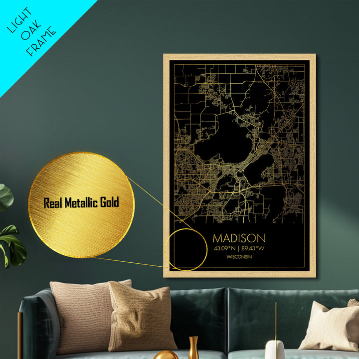 Madison Wisconsin City Poster, Metallic Gold Art, Metal Art, real wood frames, black and gold, Minimalist Wall Art, Map Print Poster