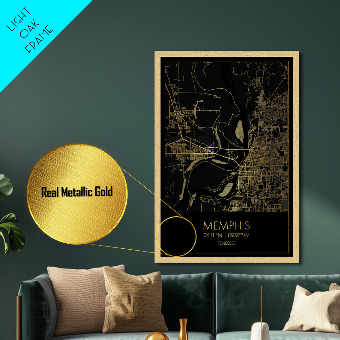 Memphis Tennessee City street map, Metallic Gold Print, Metal Art, wood framed map, black and gold, Street Map Art, Office Decor