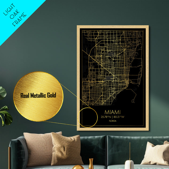 Miami Florida City street map, Metallic Gold Print, Metal Art, wood framed map, black and gold, Gold Street Map Art, Modern Wall Art