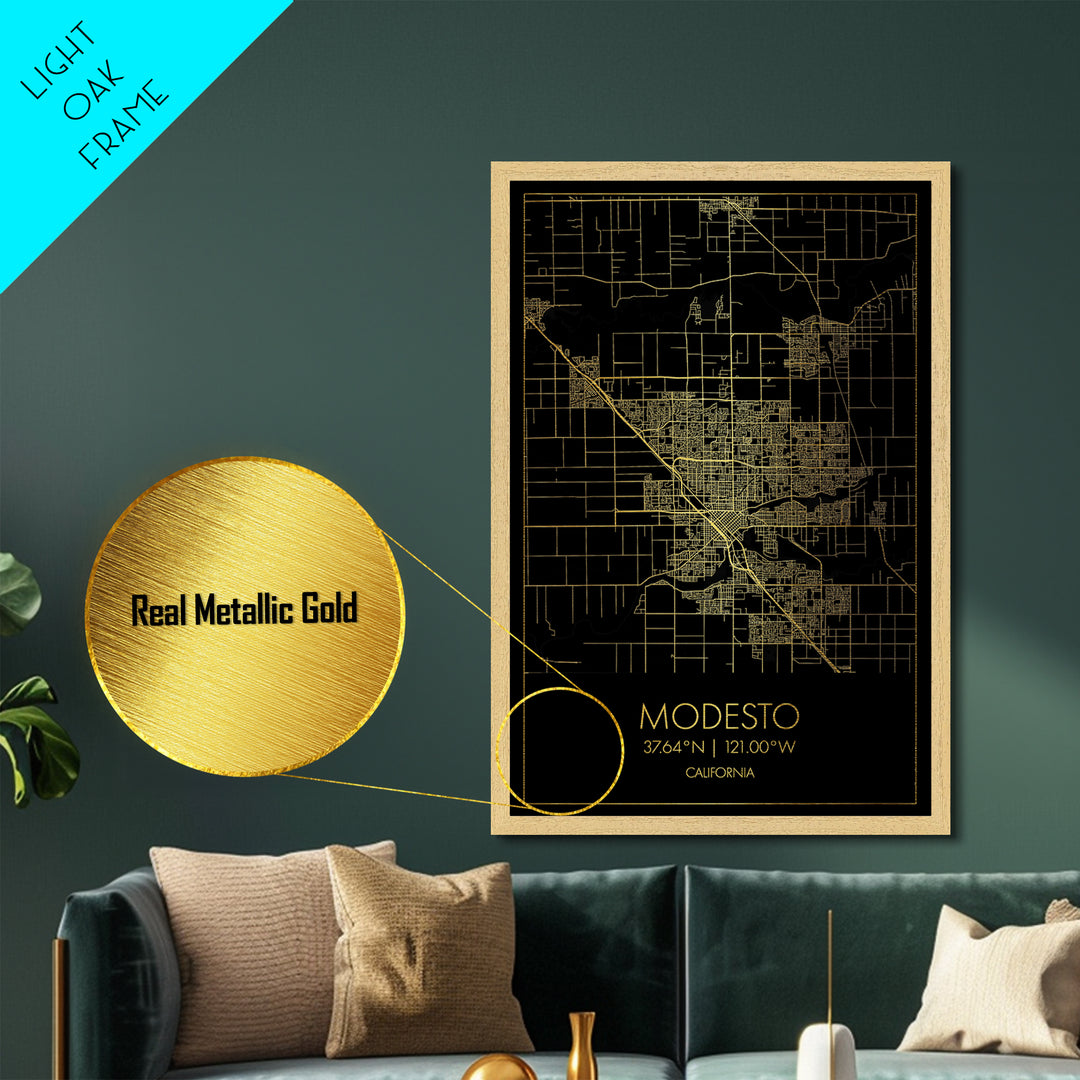 Modesto California City Poster, Metallic Gold Art, Metal Art, real wood frames, black and gold, Minimalist Wall Art, Map Print Poster
