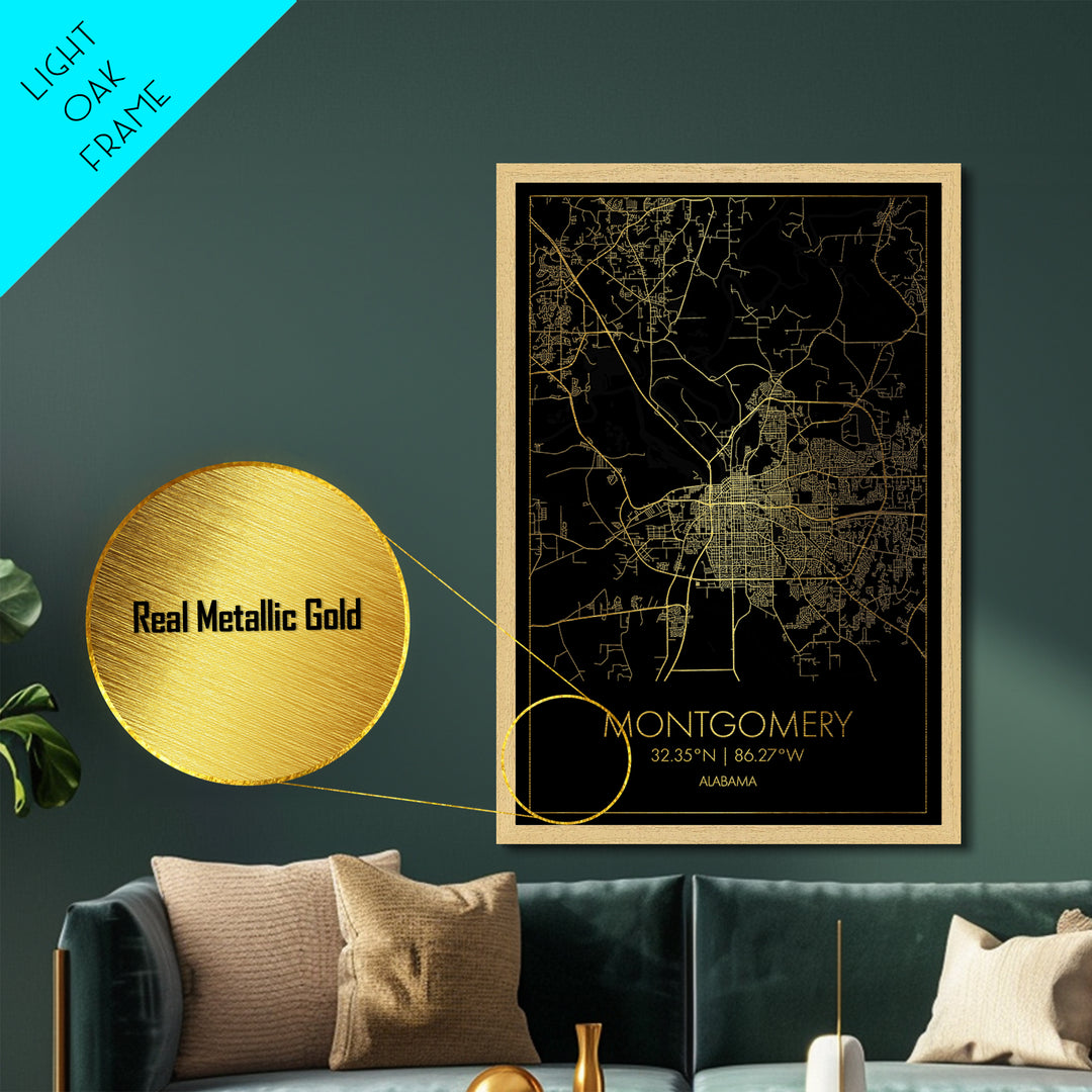 Montgomery Alabama City street map, Metallic Gold Print, Metal Art, wood framed map, black and gold, Street Map Art, Office Decor