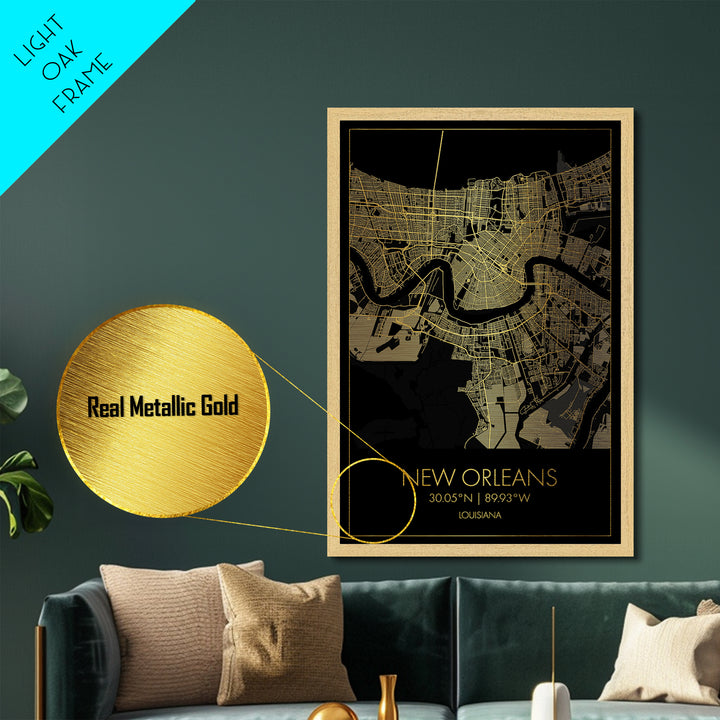 New Orleans Louisiana City street map, Metallic Gold Print, Metal Art, wood framed map, black and gold, Gold Street Map Art, Modern Wall Art