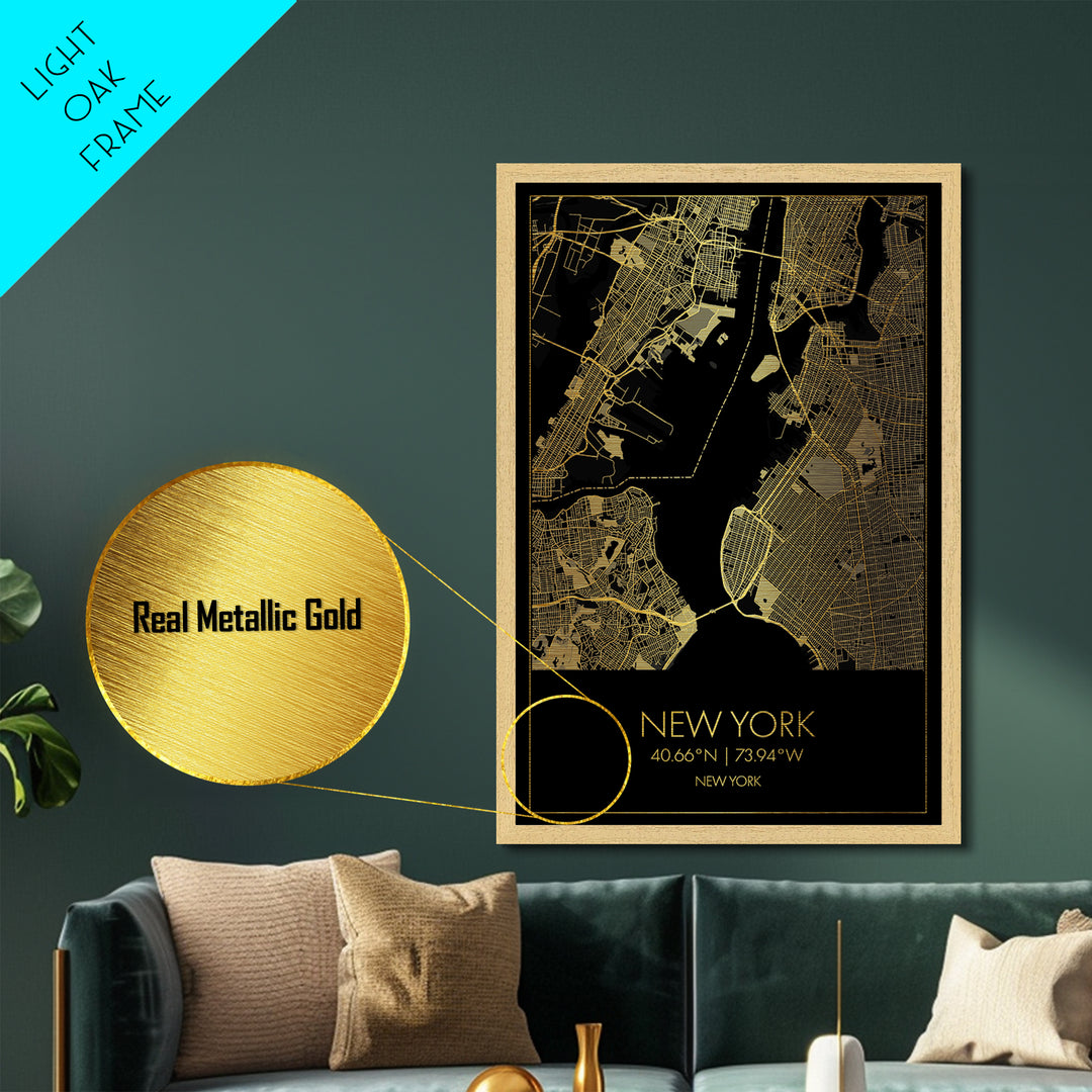 New York New York City street map, Metallic Gold Print, Metal Art, wood framed map, black and gold, Street Map Art, Office Decor