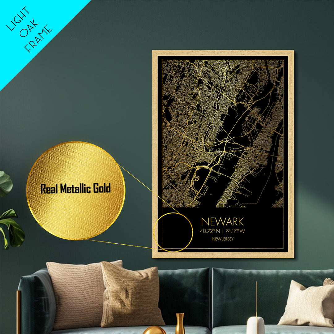 Newark New Jersey City Poster, Metallic Gold Art, Metal Art, real wood frames, black and gold, Map Art, Best Friend Gifts