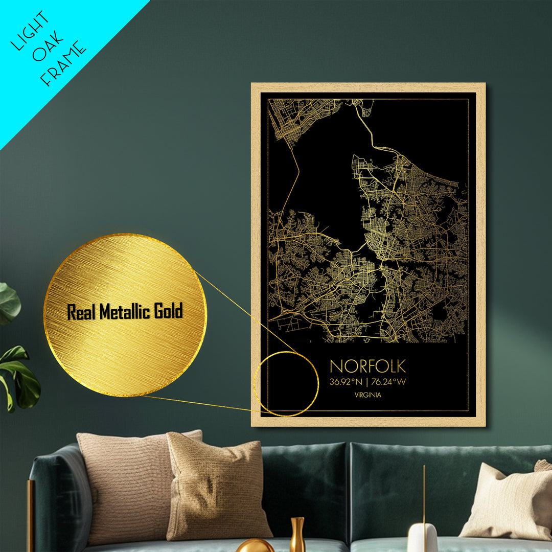 Norfolk Virginia City Poster, Metallic Gold Art, Metal Art, real wood frames, black and gold, Map Art, Best Friend Gifts