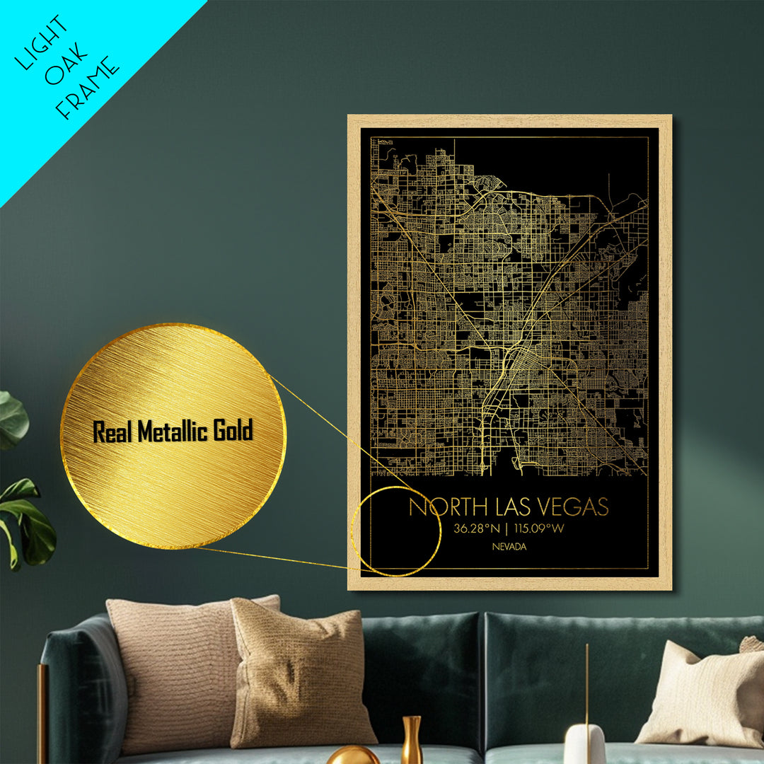 North Las Vegas Nevada map, Metallic Gold Print, Metal Art, wood framed map, black and gold, Gold Street Map Art, Modern Wall Art