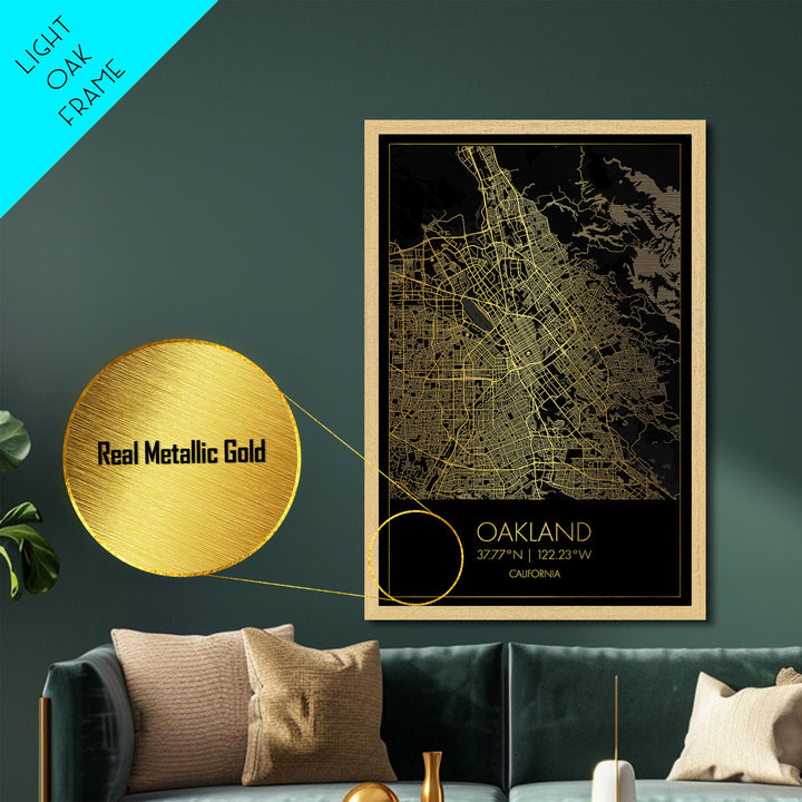 Oakland California City Poster, Metallic Gold Art, Metal Art, real wood frames, black and gold, Minimalist Wall Art, Map Print Poster