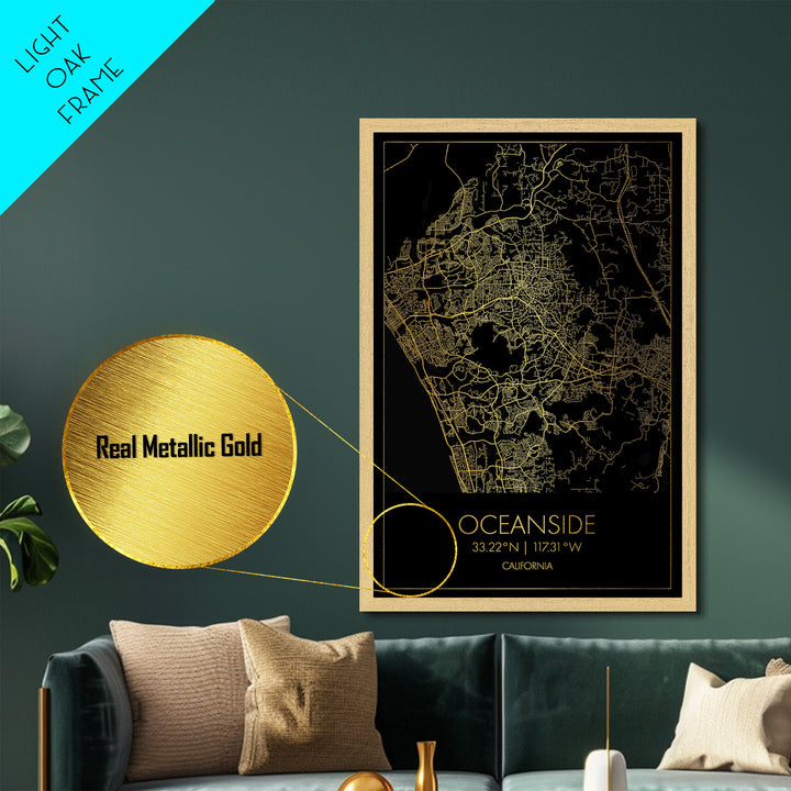 Oceanside California City street map, Metallic Gold Print, Metal Art, wood framed map, black and gold, Street Map Art, Office Decor