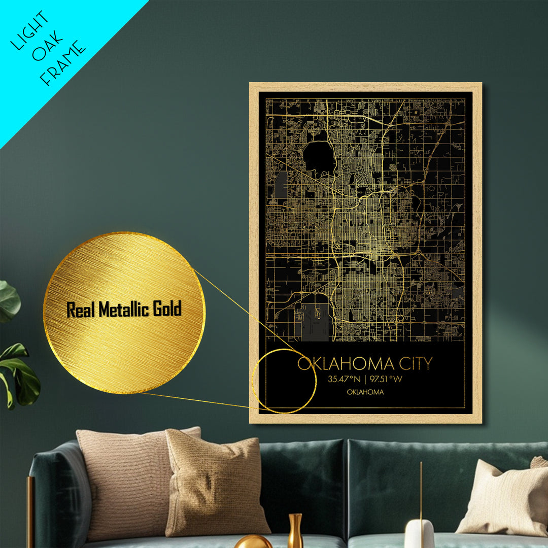 Oklahoma City Oklahoma City Poster, Metallic Gold Art, Metal Art, real wood frames, black and gold, Map Art, Best Friend Gifts