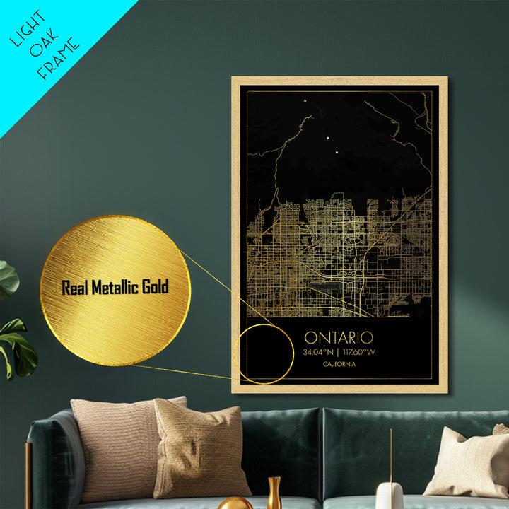 Ontario California City Poster, Metallic Gold Art, Metal Art, real wood frames, black and gold, Minimalist Wall Art, Map Print Poster
