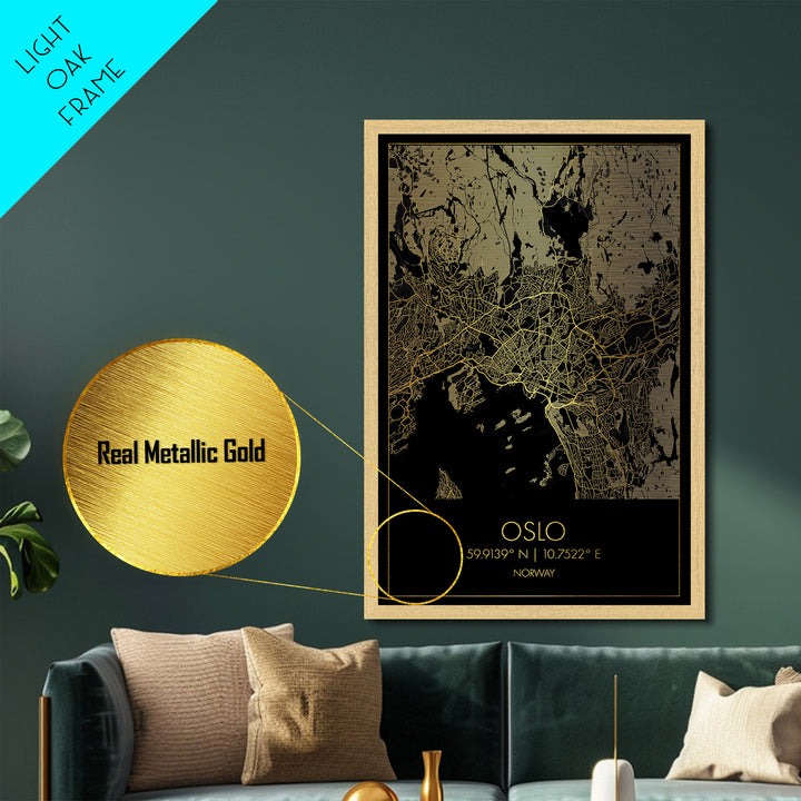 Oslo Norway City Poster, Metallic Gold Art, Metal Art, real wood frames, black and gold, Map Art, Best Friend Gifts