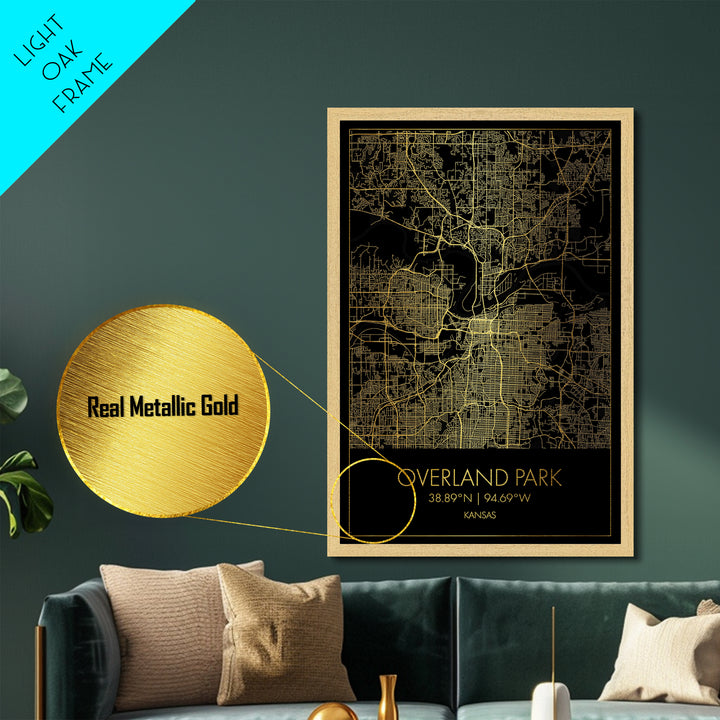 Overland Park Kansas City street map, Metallic Gold Print, Metal Art, wood framed map, black and gold, Gold Street Map Art, Modern Wall Art