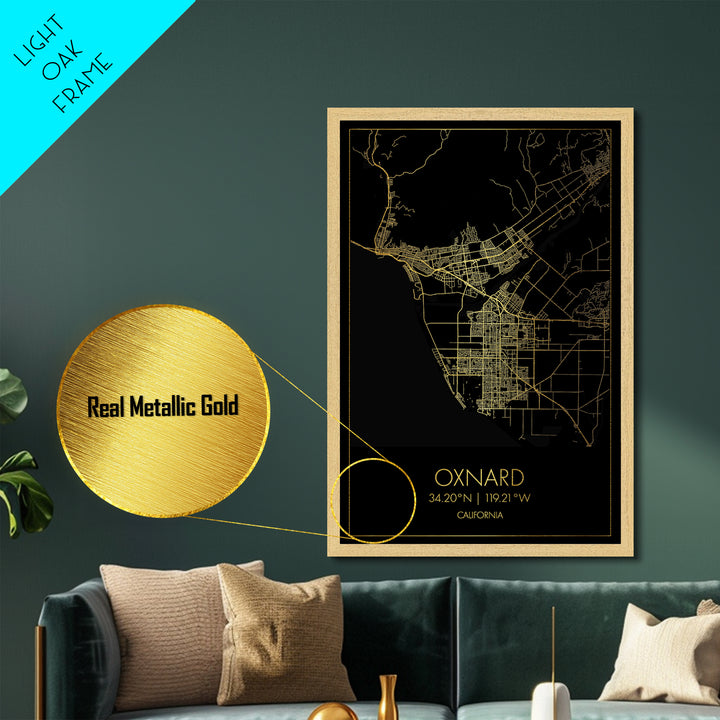 Oxnard California City Poster, Metallic Gold Art, Metal Art, real wood frames, black and gold, Minimalist Wall Art, Map Print Poster