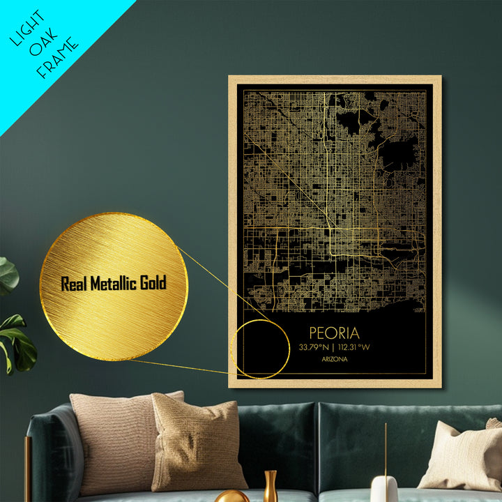Peoria Arizona City street map, Metallic Gold Print, Metal Art, wood framed map, black and gold, Gold Street Map Art, Modern Wall Art