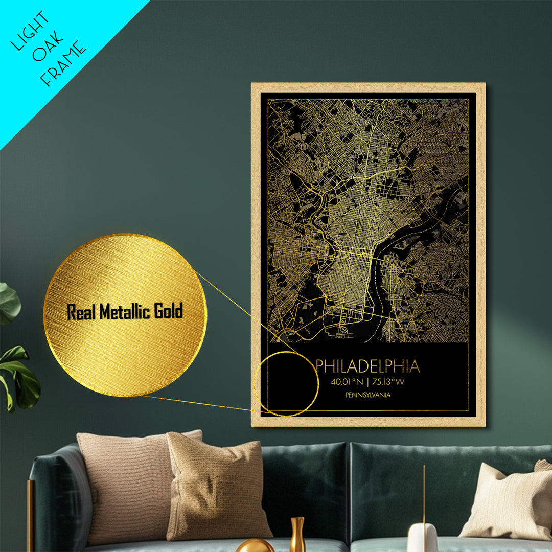 Philadelphia Pennsylvania City Poster, Metallic Gold Art, Metal Art, real wood frames, black and gold, Minimalist Wall Art, Map Print Poster