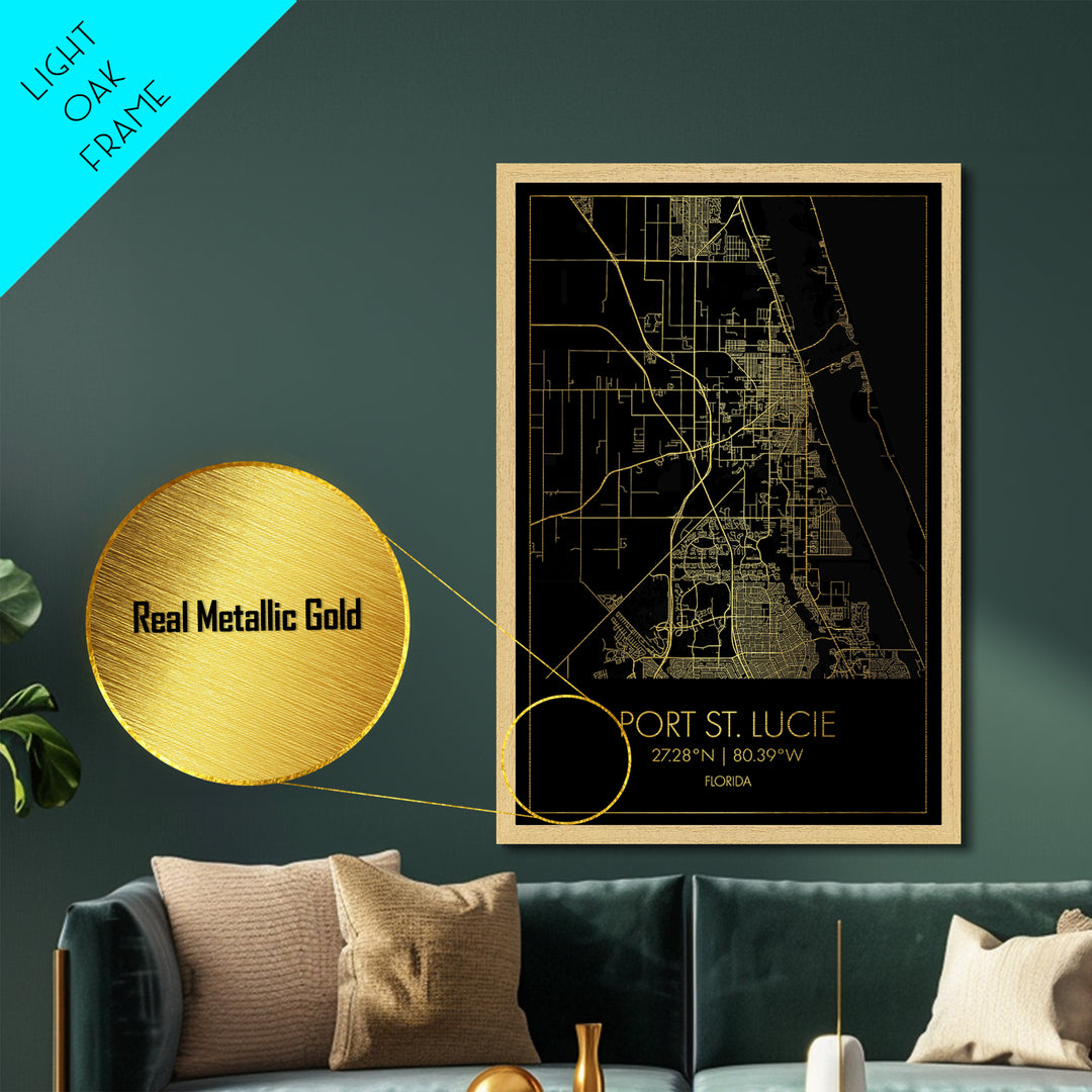 Port St Lucie Florida City Poster, Metallic Gold Art, Metal Art, real wood frames, black and gold, Map Art, Best Friend Gifts