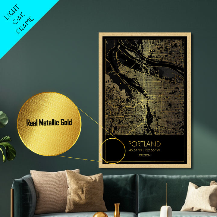 Portland Oregon City street map, Metallic Gold Print, Metal Art, wood framed map, black and gold, Street Map Art, Office Decor