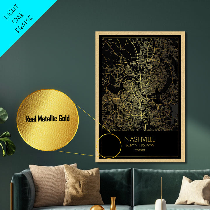Nashville Tennessee City street map, Metallic Gold Print, Metal Art, wood framed map, black and gold, Street Map Art, Office Decor