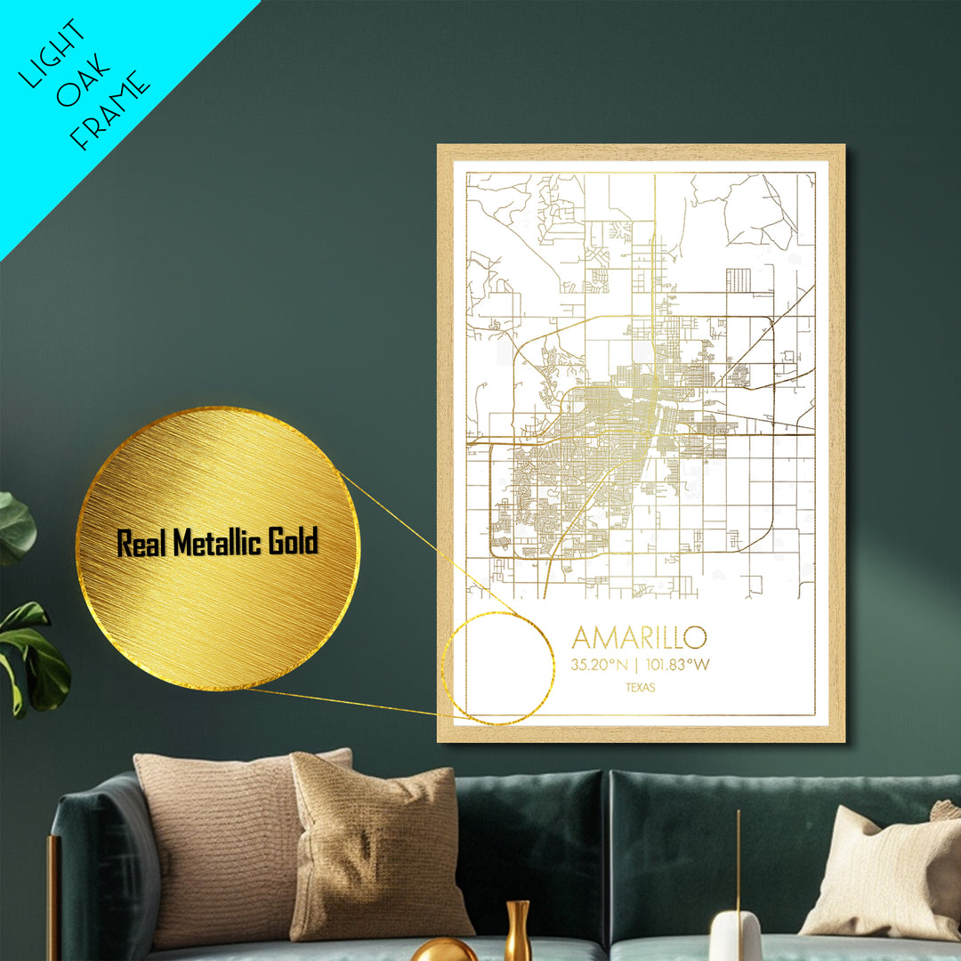 Amarillo Texas City Poster, Metallic Gold Art, Metal Art, real wood frames, black and gold, Map Art, Best Friend Gifts