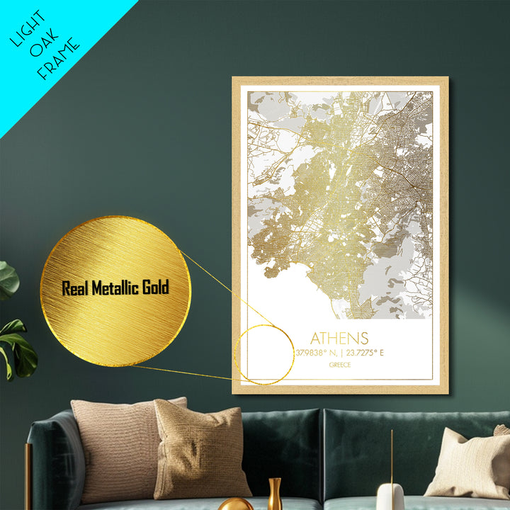 Athens Greece City street map, Metallic Gold Print, Metal Art, wood framed map, black and gold, Gold Street Map Art, Modern Wall Art