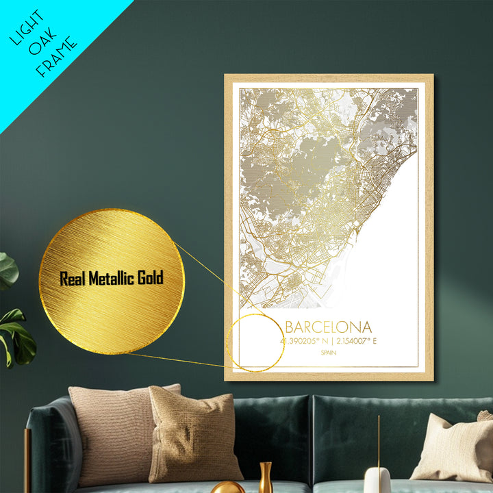 Barcelona Spain City street map, Metallic Gold Print, Metal Art, wood framed map, black and gold, Street Map Art, Office Decor