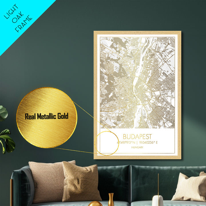 Budapest Hungary City Poster, Metallic Gold Art, Metal Art, real wood frames, black and gold, Minimalist Wall Art, Map Print Poster