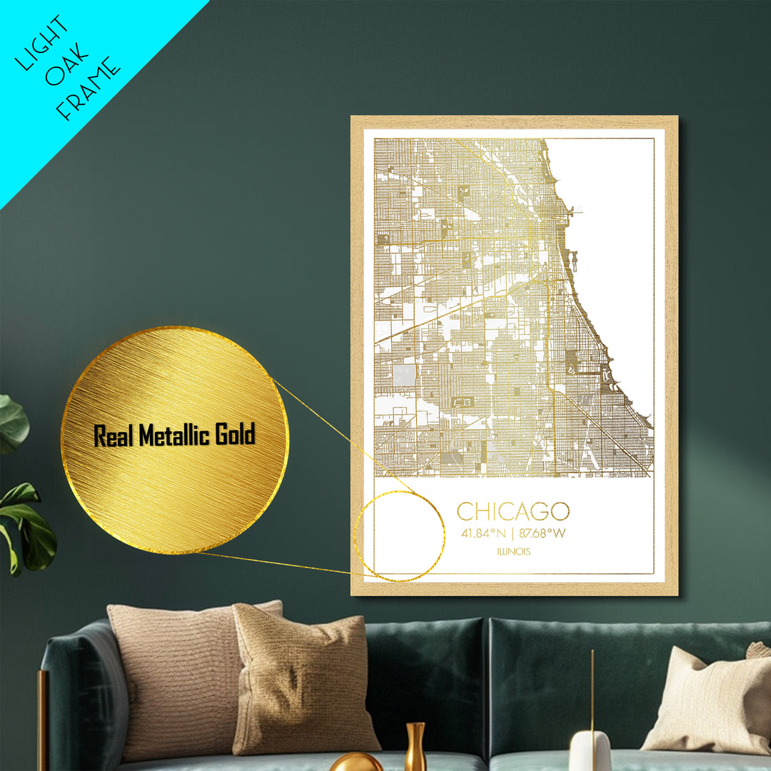 Chicago Illinois City street map, Metallic Gold Print, Metal Art, wood framed map, black and gold, Gold Street Map Art, Modern Wall Art