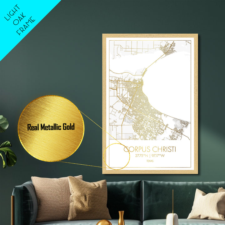 Corpus Christi Texas City street map, Metallic Gold Print, Metal Art, wood framed map, black and gold, Gold Street Map Art, Modern Wall Art