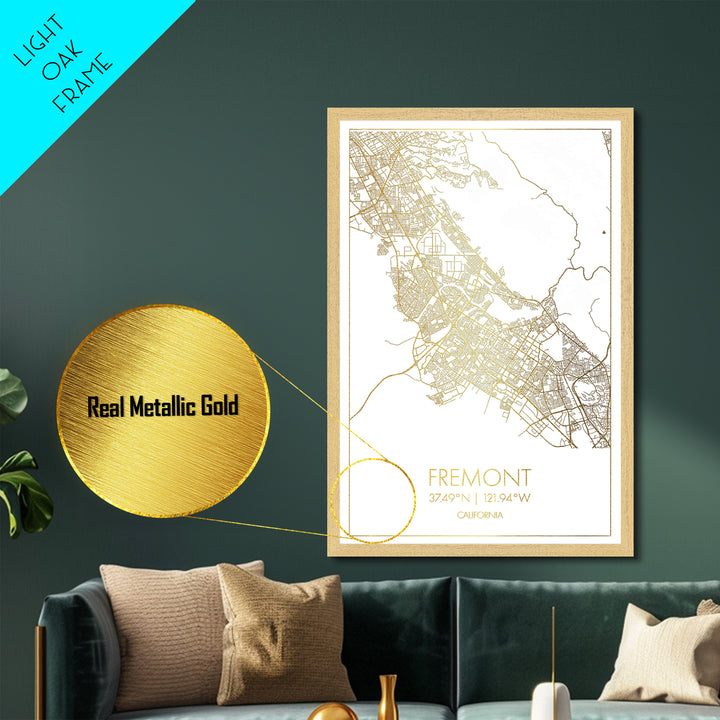 Fremont California City street map, Metallic Gold Print, Metal Art, wood framed map, black and gold, Gold Street Map Art, Modern Wall Art